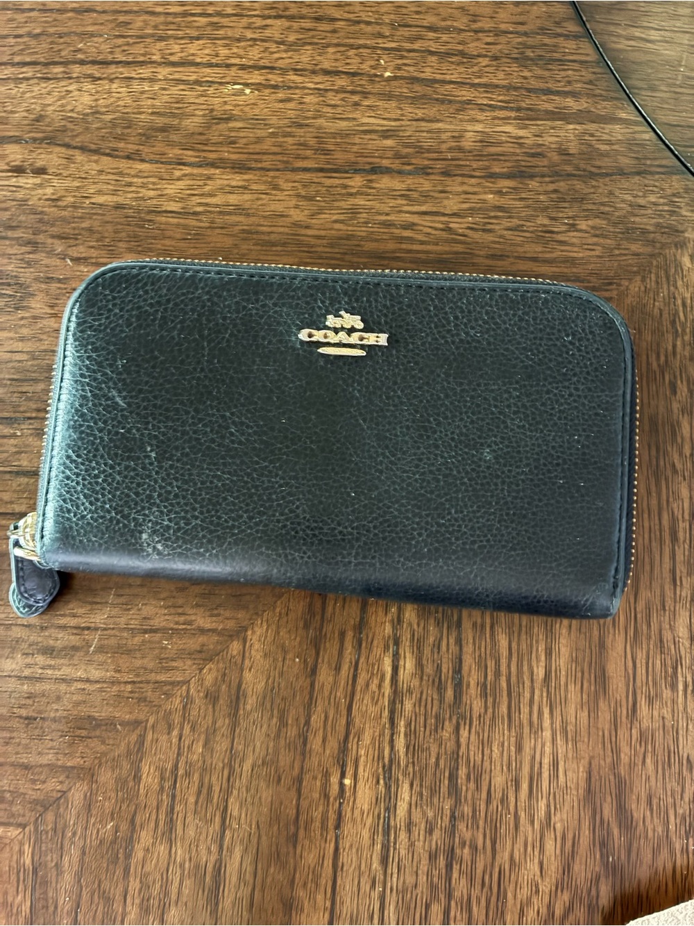 Coach Black Pebbled Leather Zip Wallet with Gold Logo